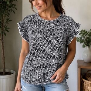 Max Studio Womens Black White Floral‎ Ruffle Sleeve Blouse Top Small